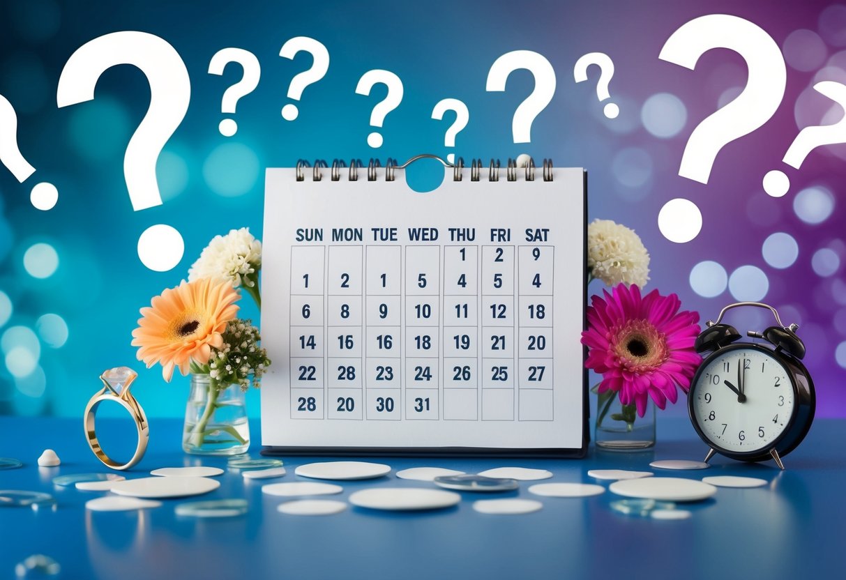 A calendar with wedding-related items like rings, flowers, and a venue, surrounded by question marks and a clock showing a mix of early and late times