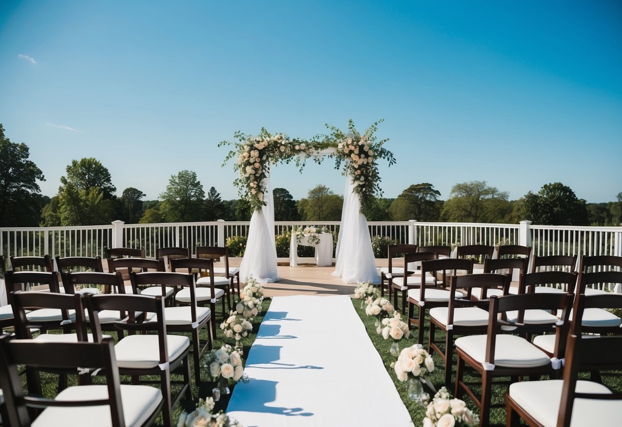 A sunny outdoor wedding venue with blooming flowers and a clear blue sky, set up for a ceremony with chairs and an archway