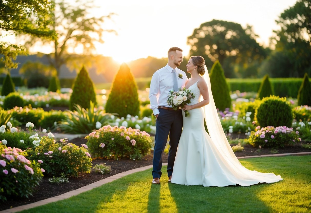 A couple stands in a beautiful outdoor venue, surrounded by lush greenery and blooming flowers. The sun is setting, casting a warm glow over the scene