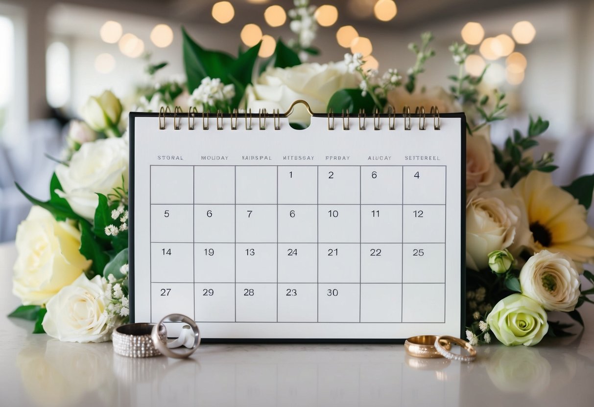 A calendar with 10 months marked, surrounded by wedding-related items like flowers, rings, and a venue