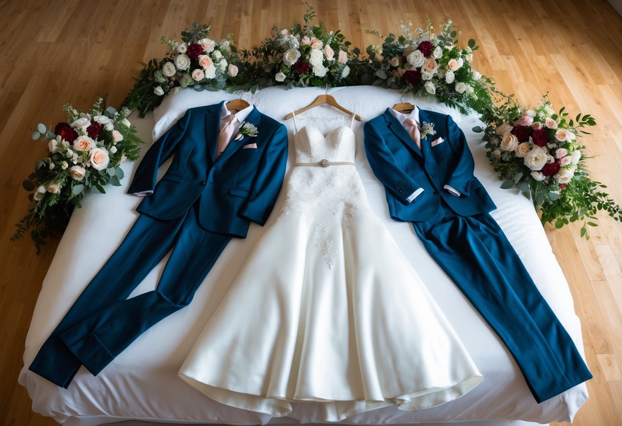 A wedding dress and suit laid out on a bed, surrounded by floral arrangements and bridal accessories