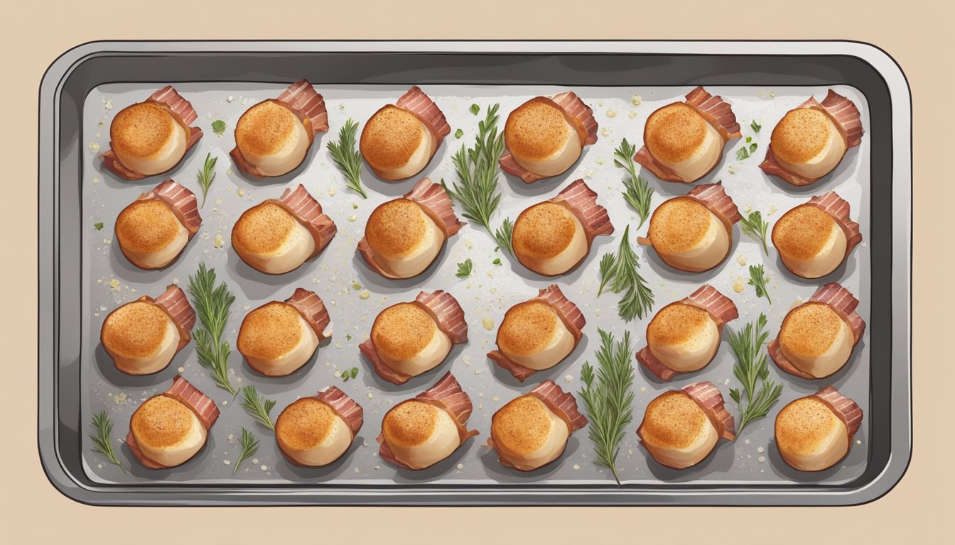 Bacon-wrapped scallops arranged on a baking sheet, brushed with butter, and sprinkled with herbs, ready to be placed in the oven for reheating