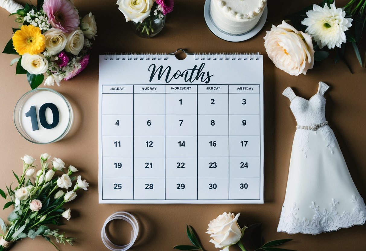 A calendar with 10 months marked, surrounded by wedding-related items like flowers, a cake, and a dress