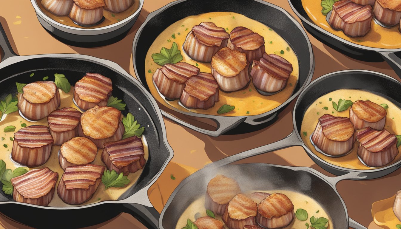 Bacon-wrapped scallops sizzling in a skillet over medium heat, releasing a mouthwatering aroma as they slowly reheat