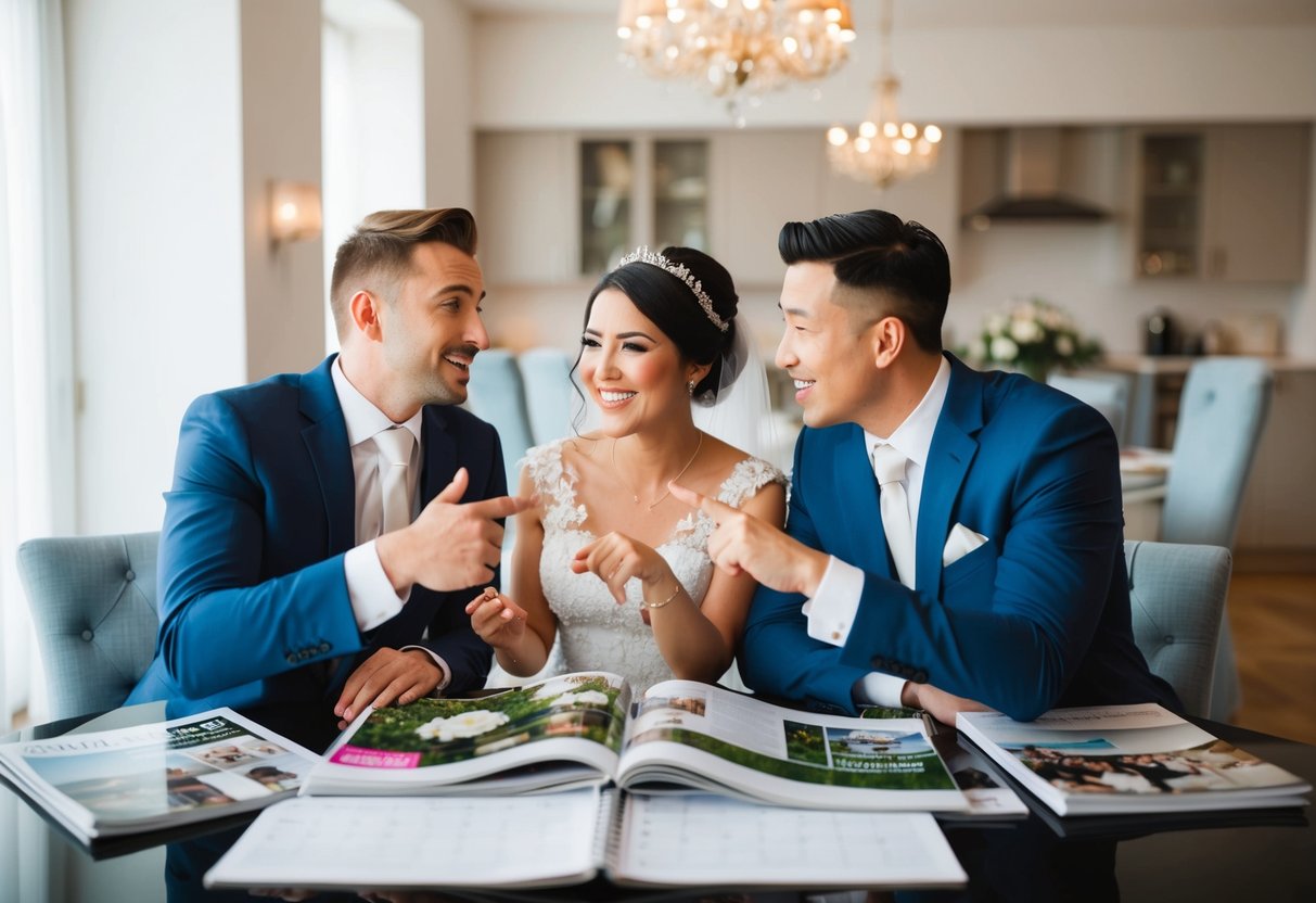 A couple sits at a table, surrounded by wedding magazines and a calendar. They are deep in discussion, gesturing excitedly as they plan their dream wedding