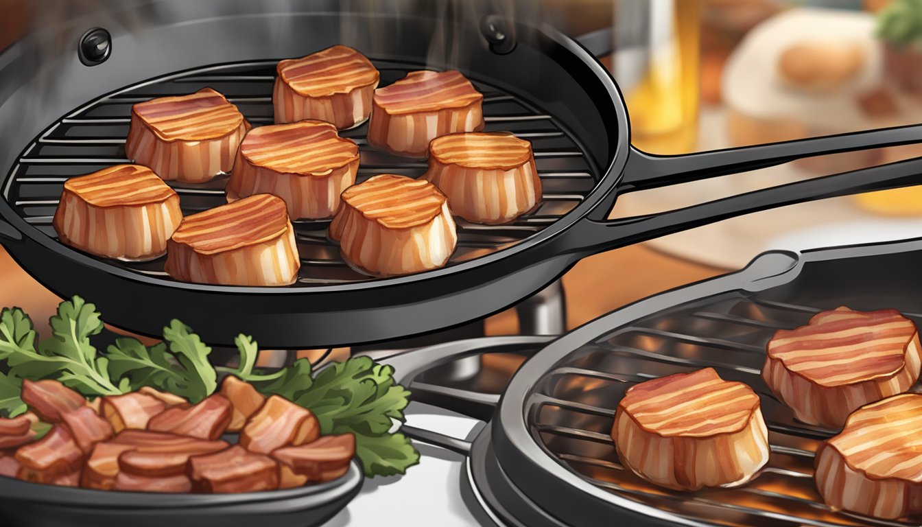 Bacon-wrapped scallops sizzling in a skillet over medium heat, releasing a mouthwatering aroma