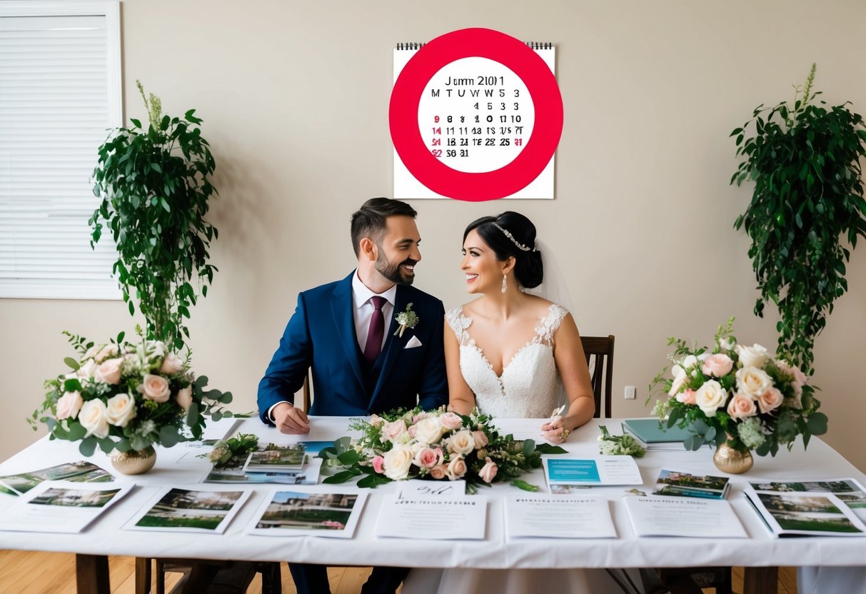A couple sits at a table covered in wedding planning materials, surrounded by floral arrangements and venue brochures. A calendar on the wall shows the current date with a big red circle around it