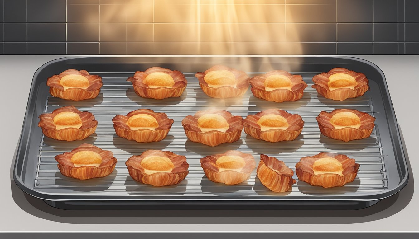 Bacon wrapped scallops arranged on a baking sheet, placed in the oven for reheating. A thermometer inserted to ensure internal temperature reaches 165°F