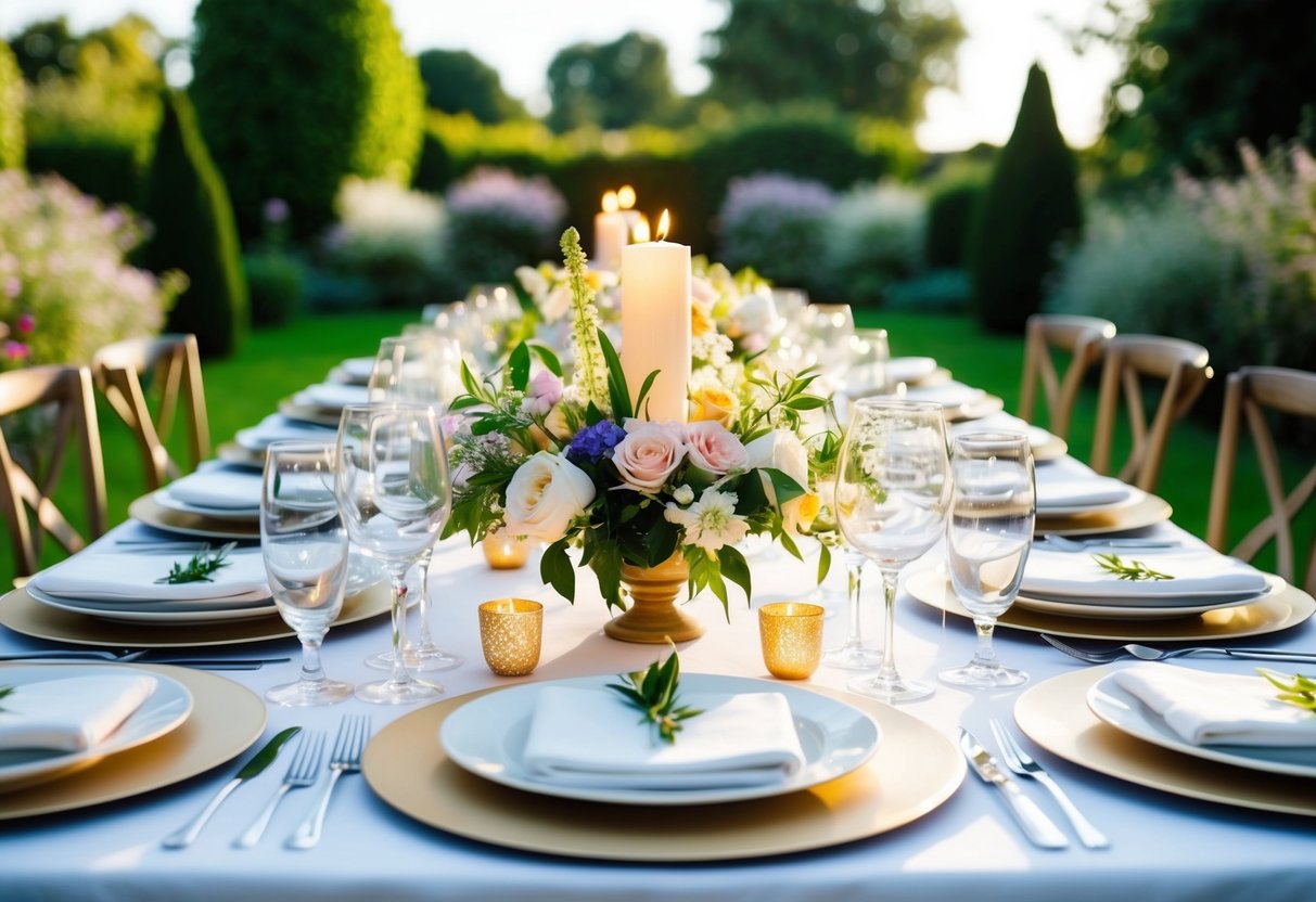 A table set with elegant place settings, adorned with fresh flowers and flickering candles, awaits guests in a sunlit garden