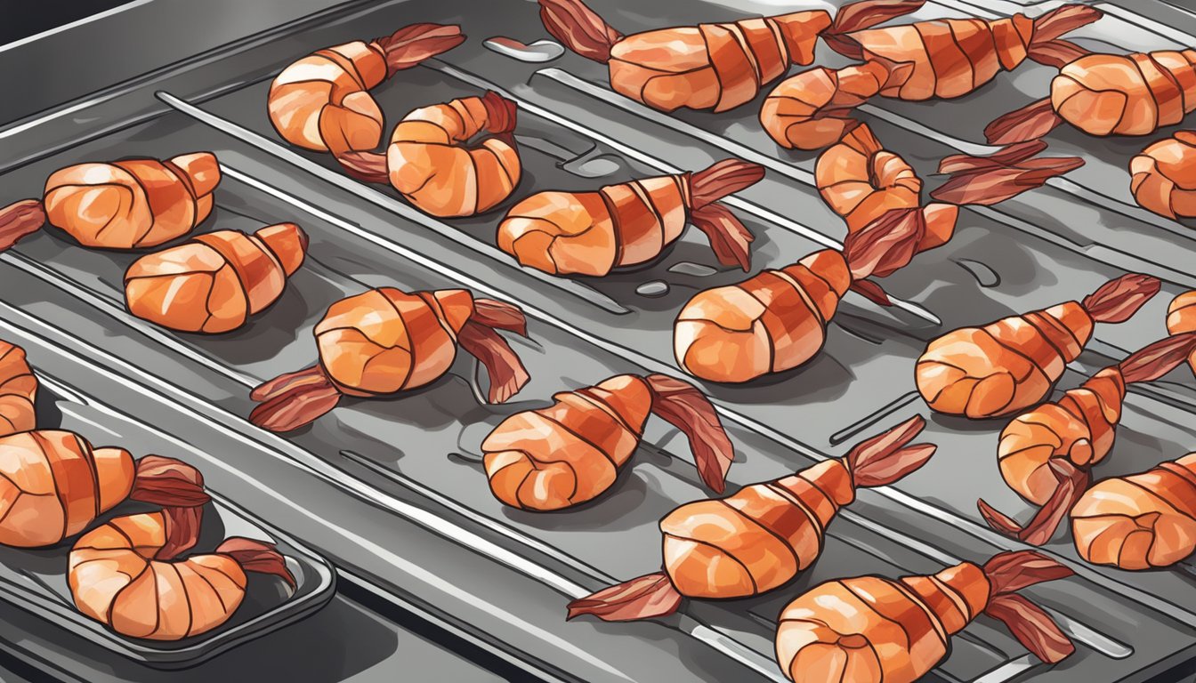 Bacon-wrapped shrimp arranged on a baking sheet, with a preheated oven in the background