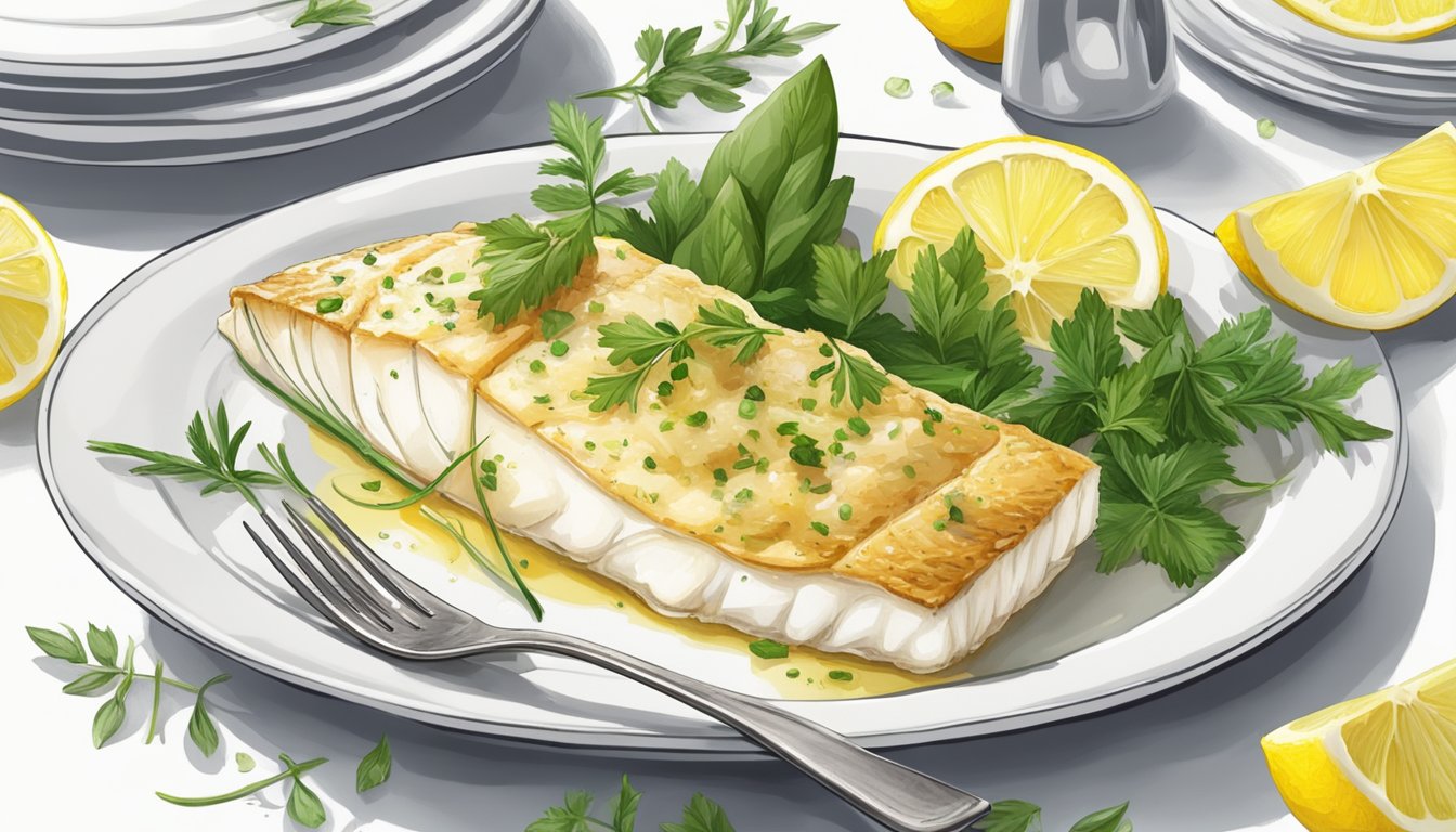 A piece of baked cod with lemon butter sits on a white plate, surrounded by fresh herbs and a slice of lemon