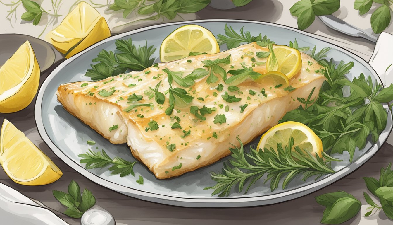 A plate of baked cod with lemon butter, surrounded by fresh herbs and a slice of lemon, sitting on a baking sheet