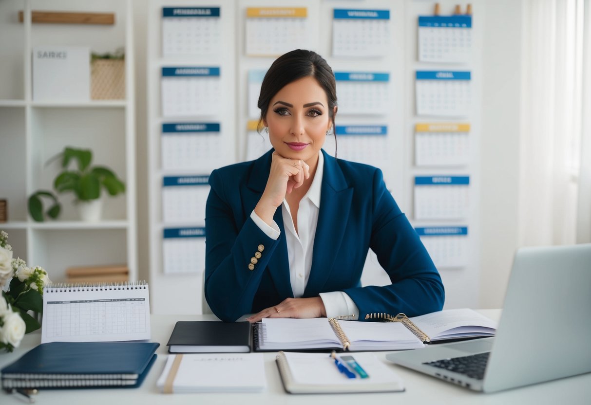 A wedding planner sits at a desk surrounded by calendars, notebooks, and a laptop. They are deep in thought, carefully considering all the details for the upcoming event
