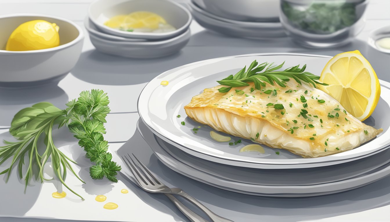 A plate of reheated baked cod with lemon butter, garnished with fresh herbs and a slice of lemon, set on a clean white table