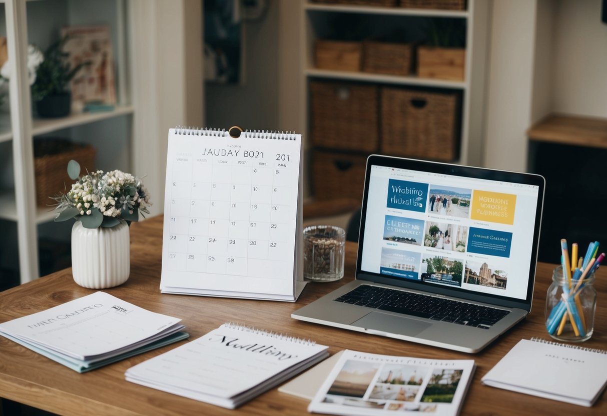 A cluttered desk with a calendar, wedding magazines, and a laptop displaying various wedding planning websites