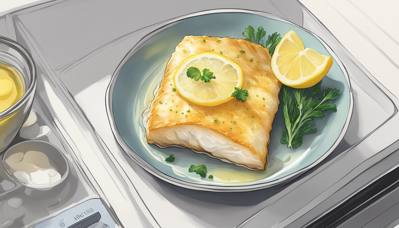 A piece of baked cod with lemon butter being reheated in a microwave-safe dish