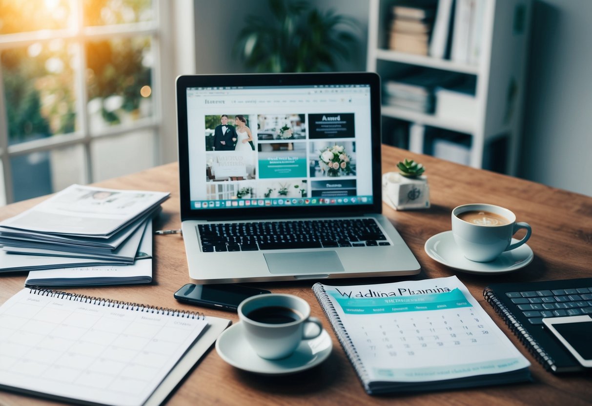 A cluttered desk with a calendar, wedding magazines, and a laptop open to a wedding planning website. A cup of coffee sits nearby