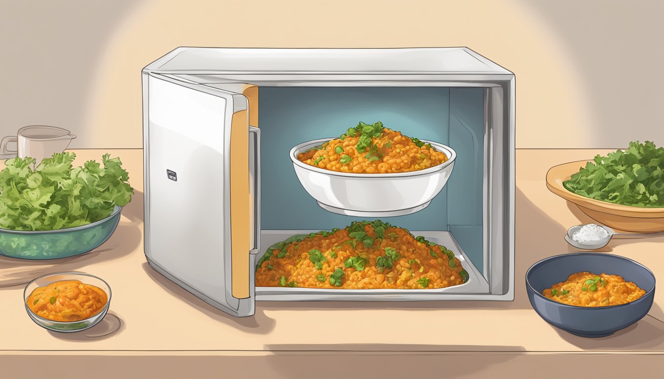 A bowl of baingan bharta being microwaved with a cover