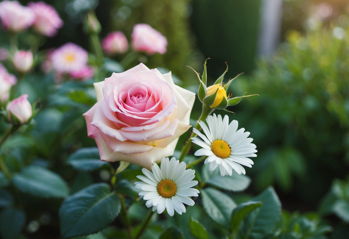 A blooming rose and a budding daisy intertwined in a lush garden