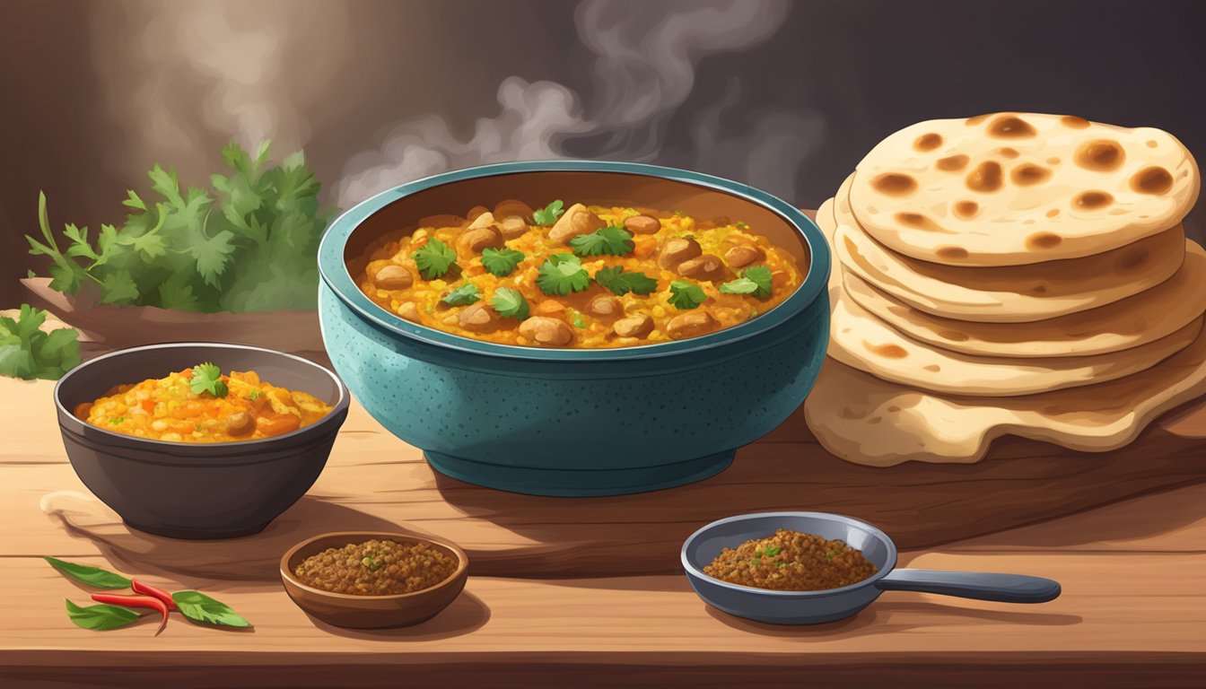 A steaming bowl of baingan bharta sits next to a pile of warm, fluffy naan bread on a wooden table. A pot of fragrant spices and a spoon are nearby