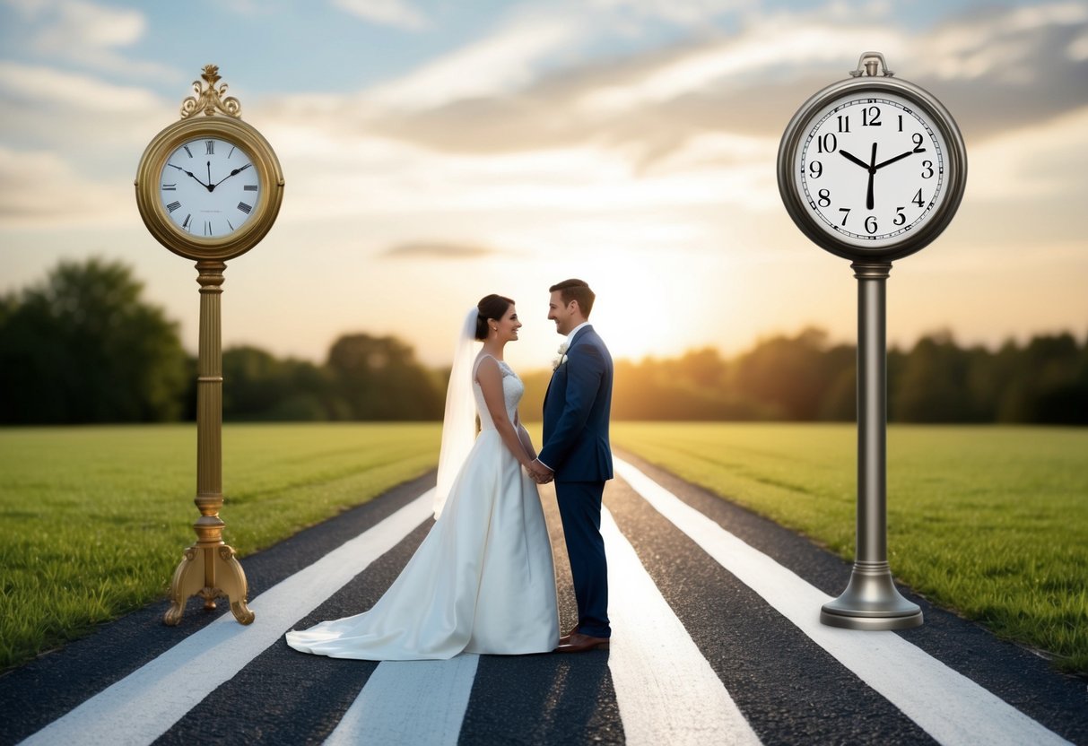 A couple standing at a crossroads, one path leading to a wedding altar and the other to a clock showing only two months