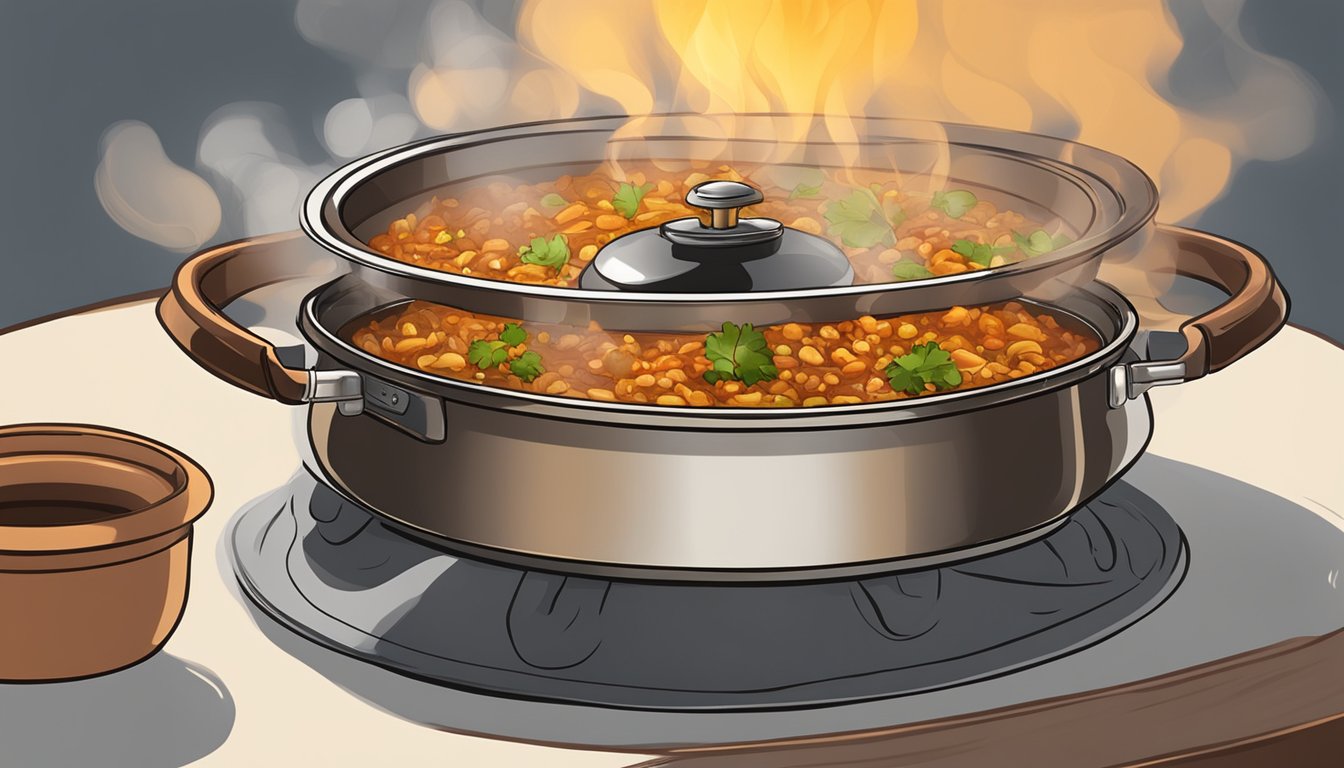 A pot of baingan bharta being gently reheated over a low flame, with a lid on to maintain flavor and texture