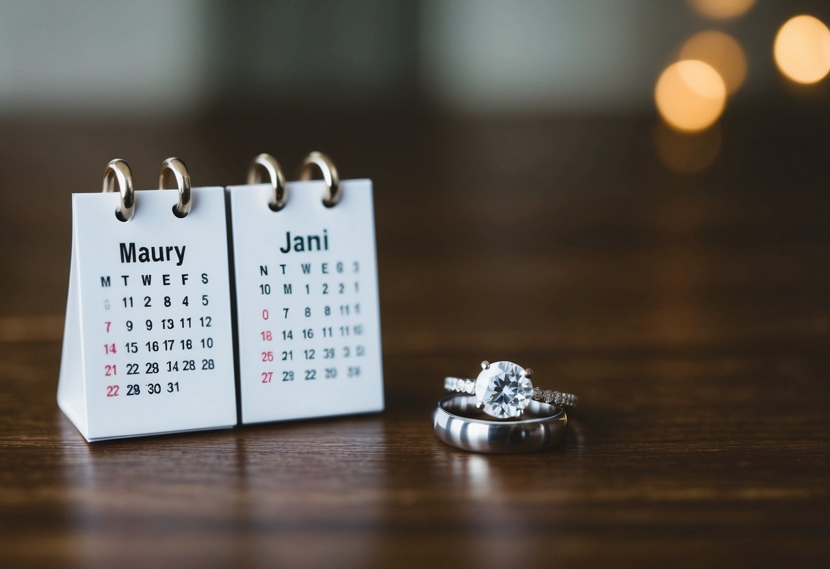 A wedding ring placed next to a calendar showing only two months