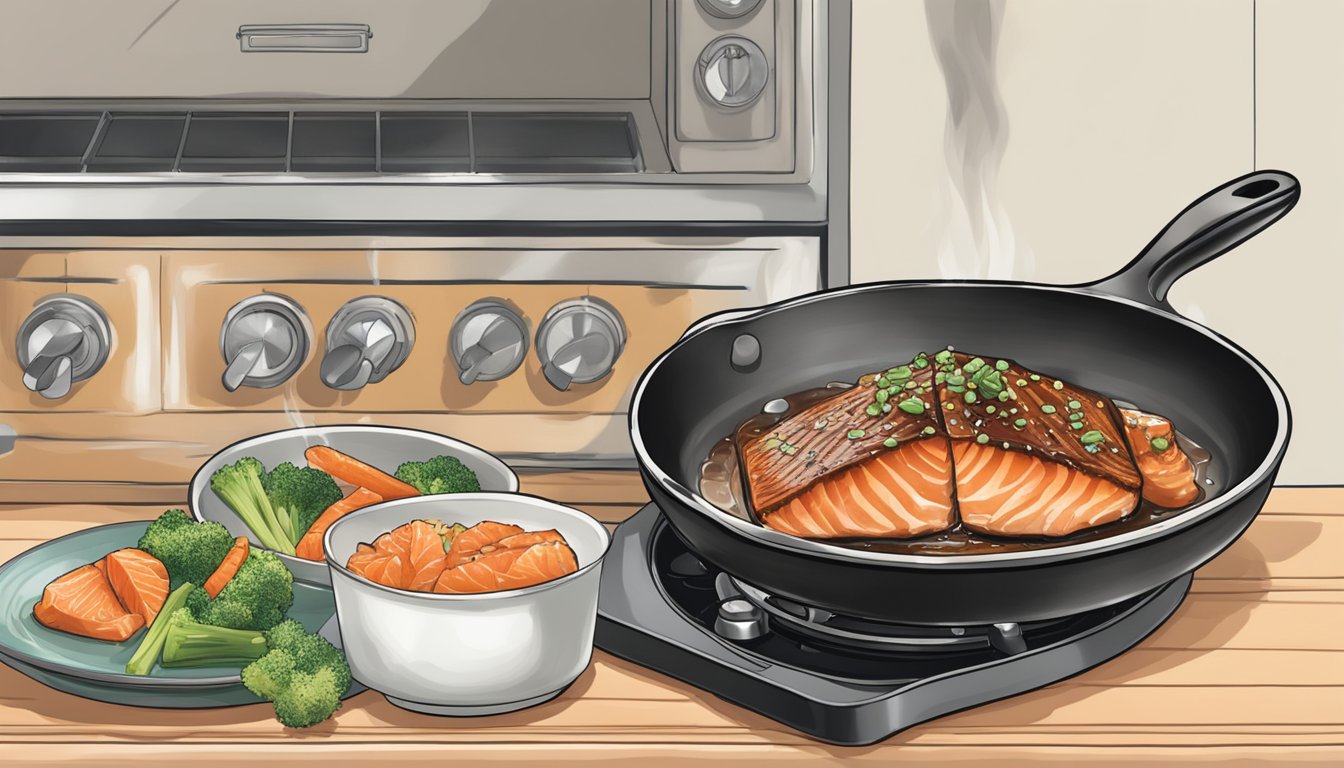 A stovetop with a skillet heating up leftover baked salmon with teriyaki glaze