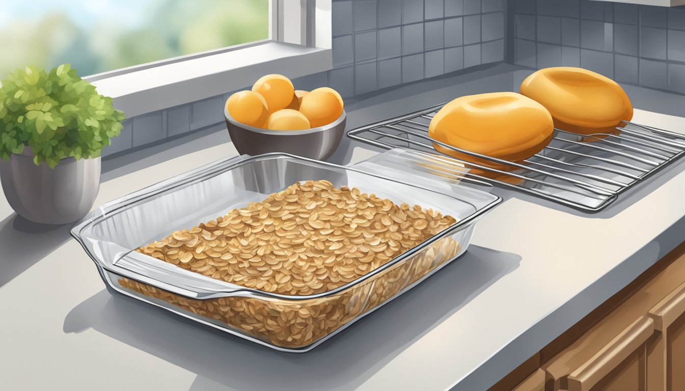 A glass baking dish filled with baked oatmeal covered with aluminum foil, sitting on a wire cooling rack on a kitchen counter