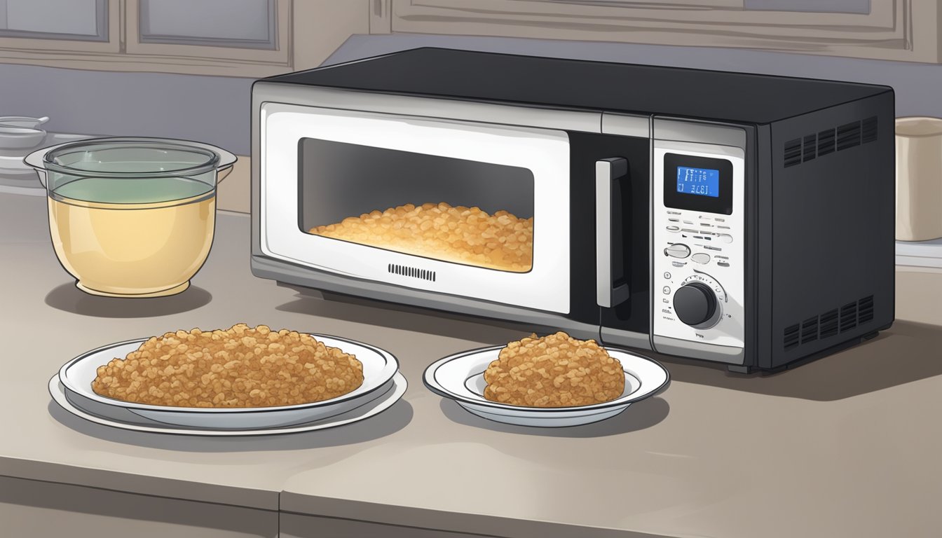 A microwave and oven next to a plate of baked oatmeal, with steam rising from the food