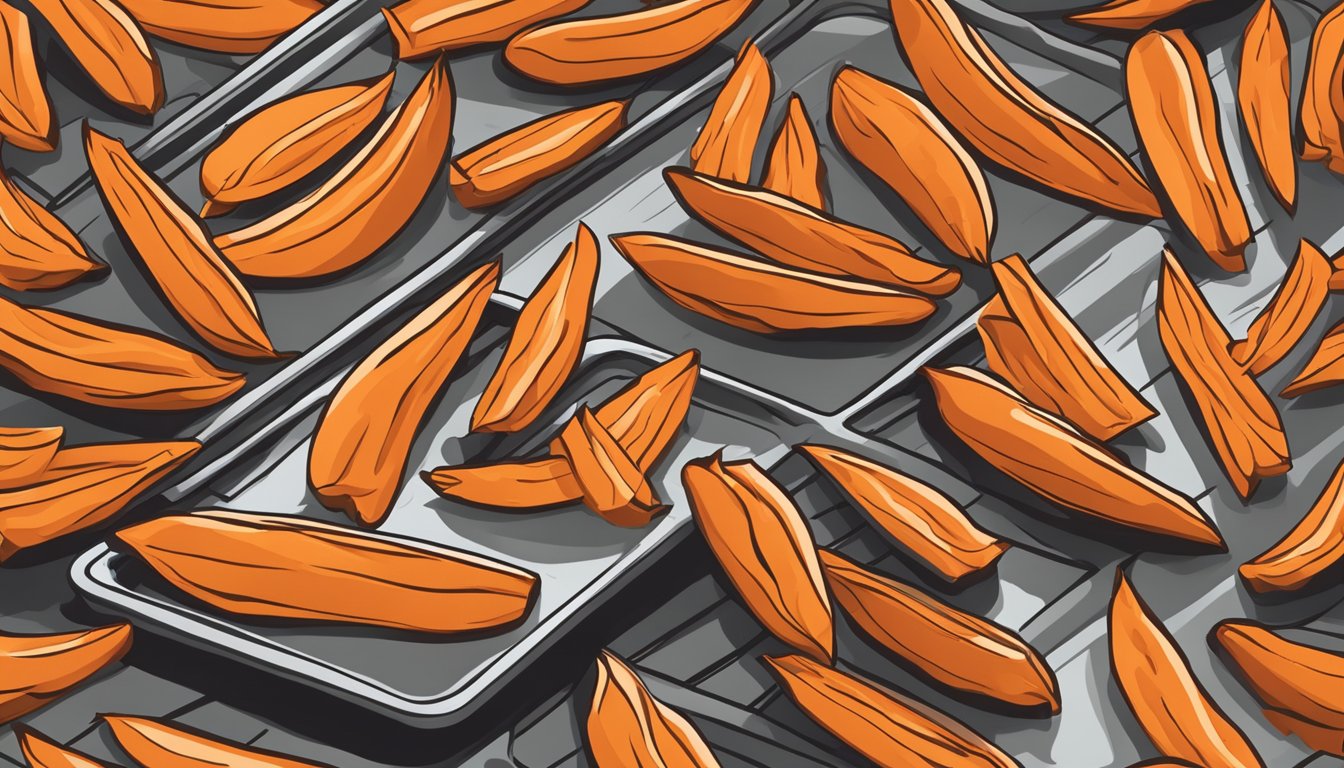 Baked sweet potato fries arranged on a baking sheet, being reheated in the oven