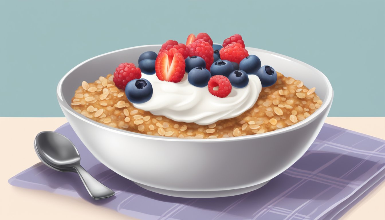 A bowl of baked oatmeal being warmed in the microwave, with a dollop of yogurt and a sprinkle of fresh berries on top