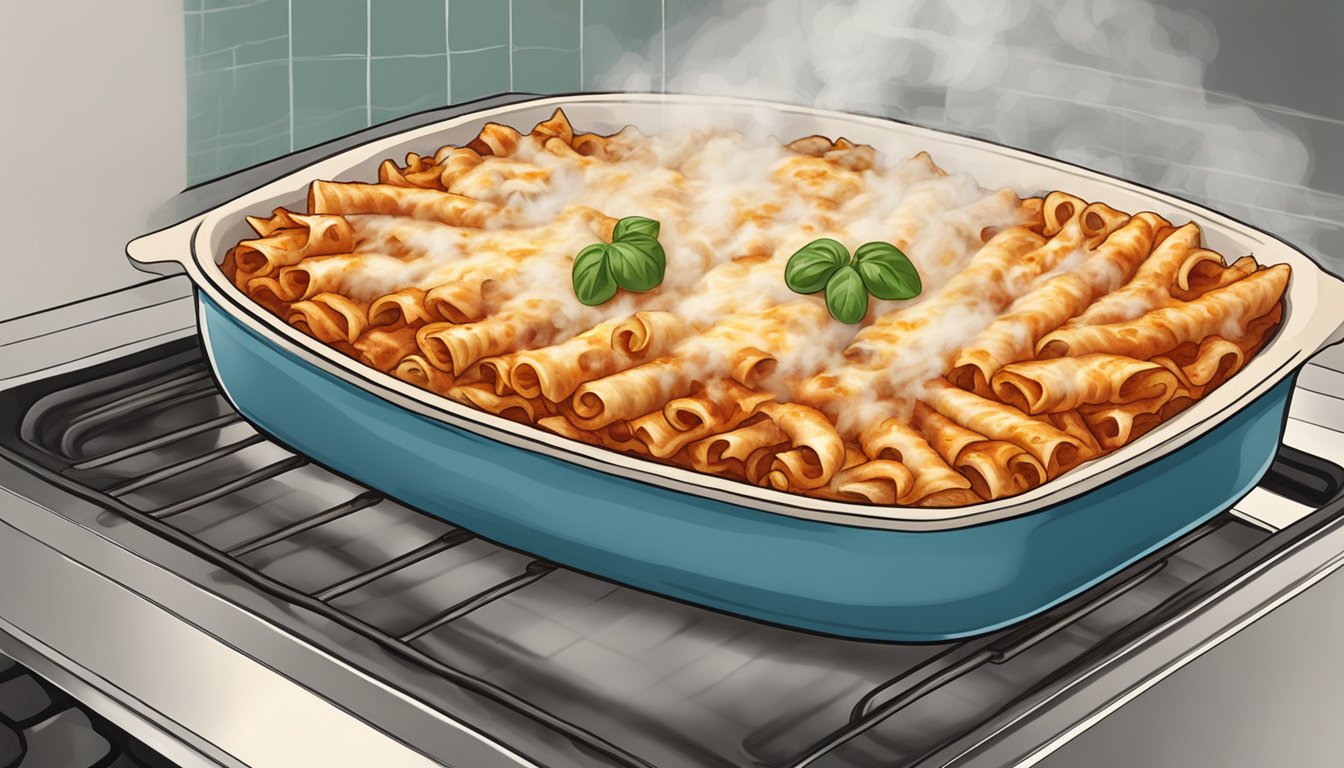 A steaming dish of baked ziti being reheated in the oven