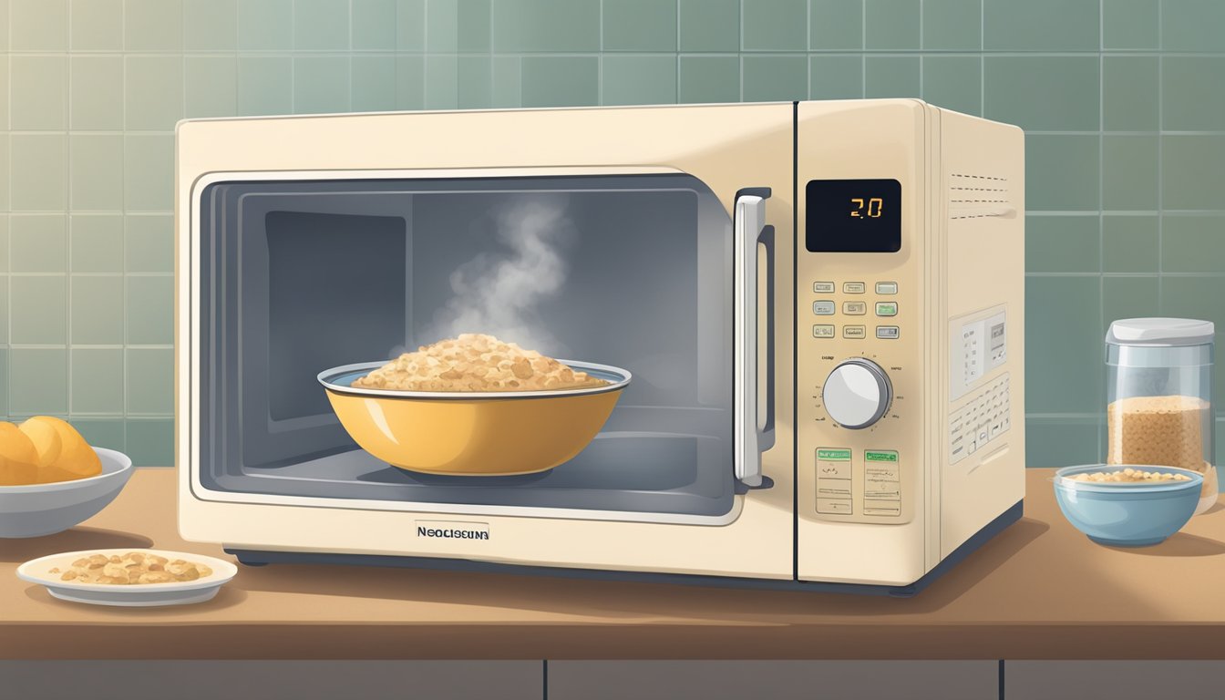 A microwave with a bowl of baked oatmeal inside, a timer set, and steam rising from the bowl