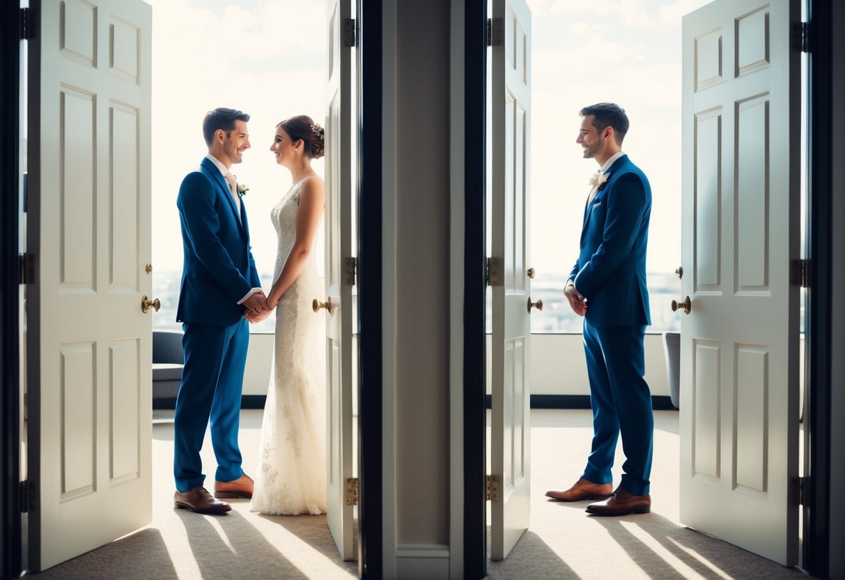 A bride and groom stand on opposite sides of a closed door, their shadows stretching towards each other