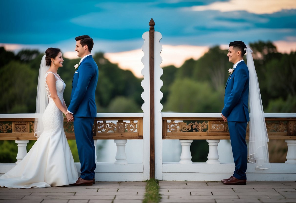 A bride and groom standing on opposite sides of a traditional divide, symbolizing the tradition of spending the night apart before their wedding