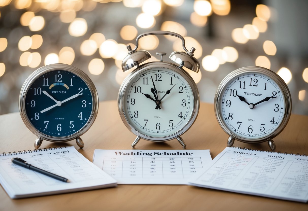 A clock showing different time zones with a calendar and wedding schedule spread out on a table