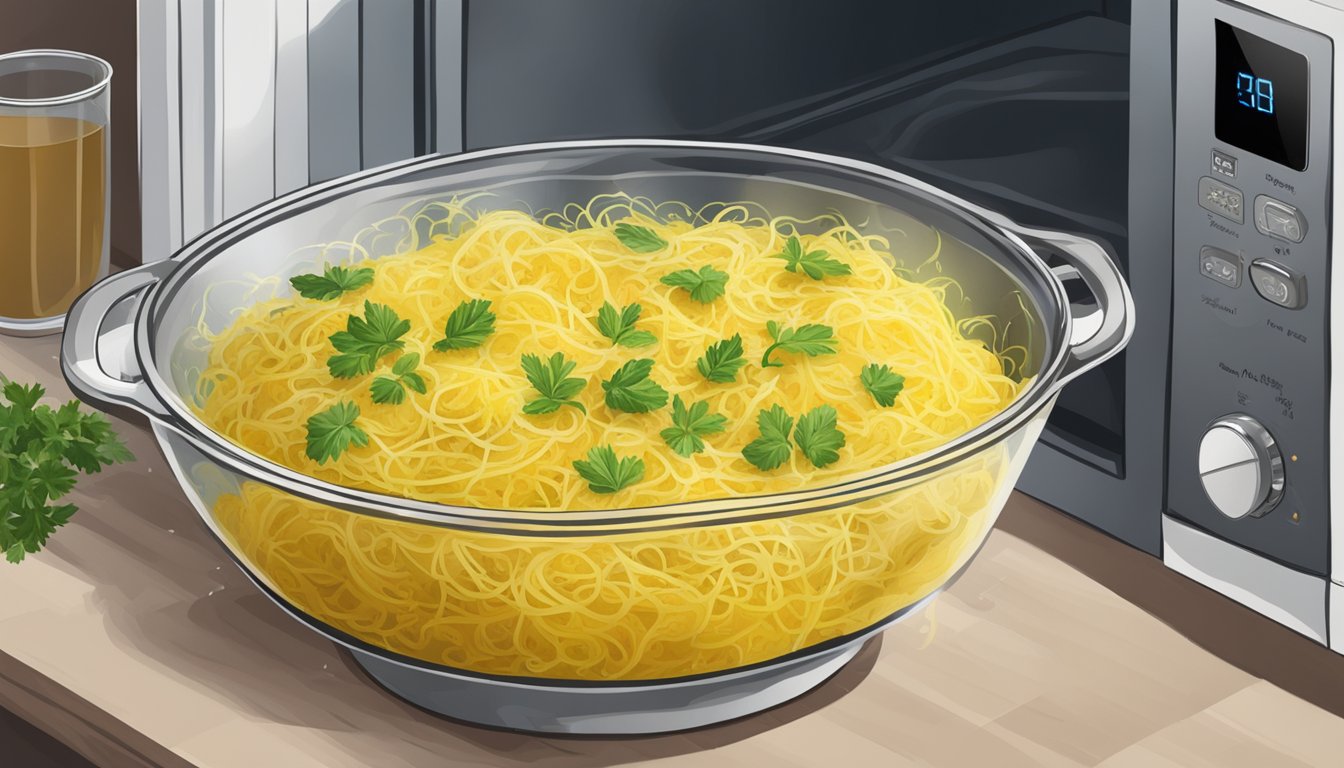 A bowl of baked spaghetti squash with garlic and herbs being reheated in the microwave