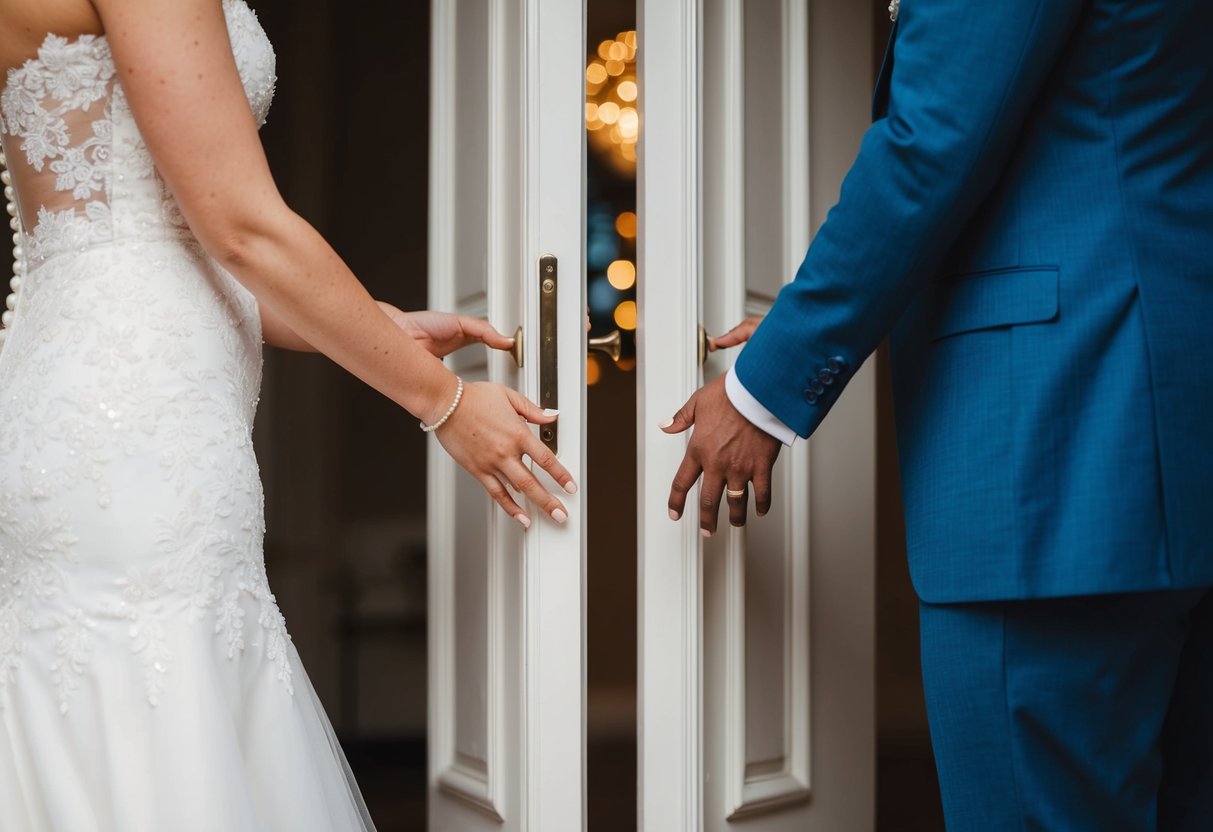 A bride and groom standing on opposite sides of a closed door, their hands reaching out towards each other, longing to be reunited before their wedding