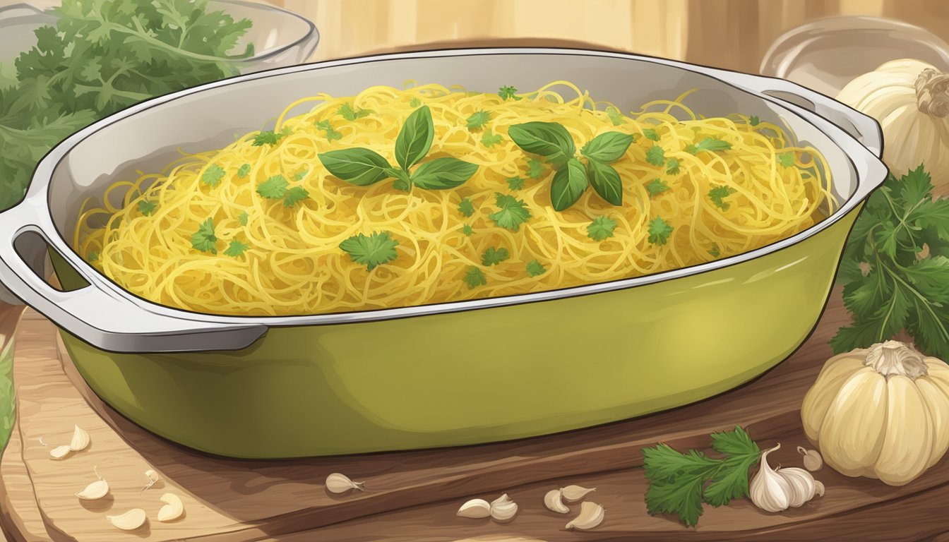 A baking dish with reheated spaghetti squash, garnished with garlic and herbs, sitting on a wooden cutting board