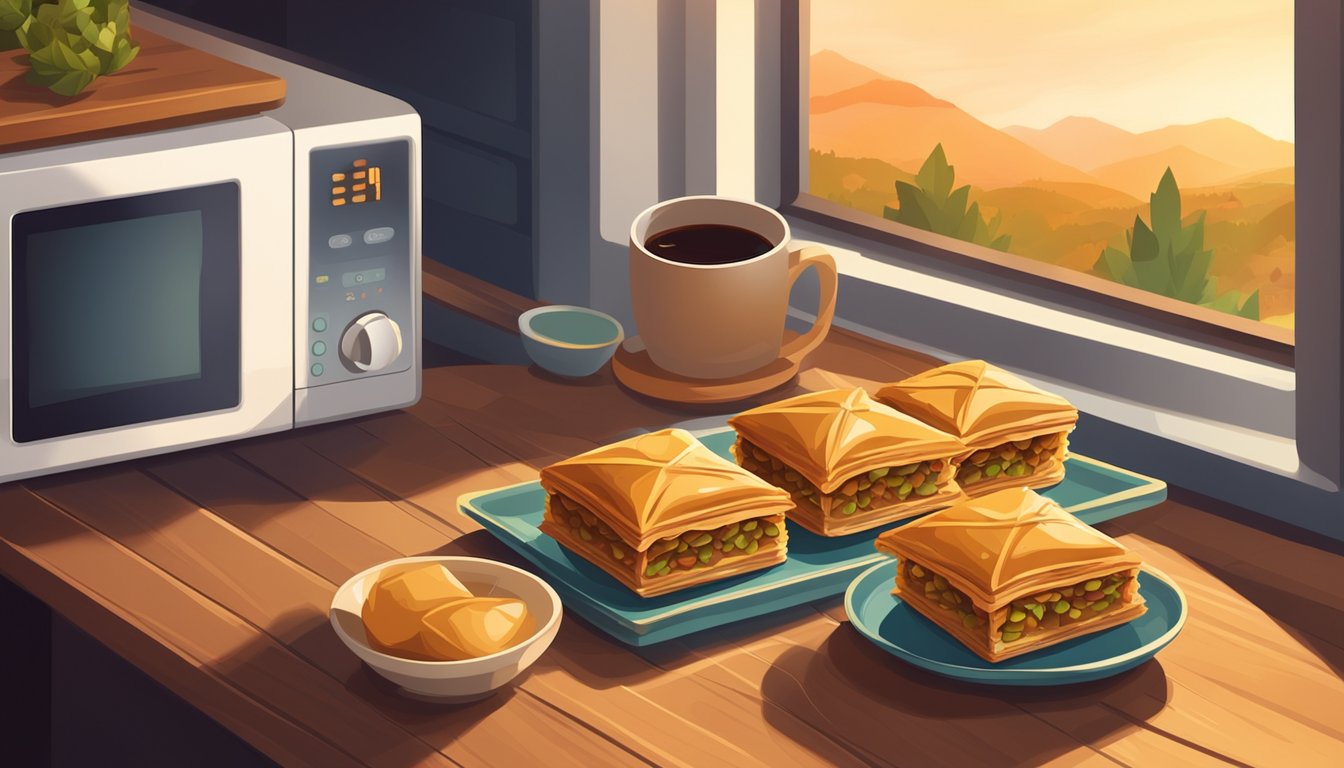 A plate of baklava sits on a wooden table next to a microwave and a cup of tea. The warm glow of the kitchen fills the room