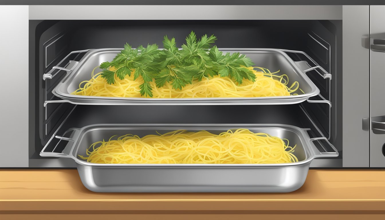 A baking dish with spaghetti squash, garlic, and herbs, covered with foil, placed in an oven for reheating