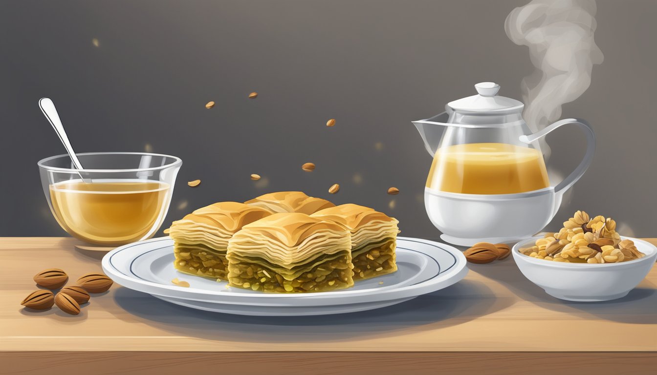 A plate of baklava sits on a table, steam rising from the warm, golden layers of pastry and nuts. A fork hovers nearby, ready to indulge