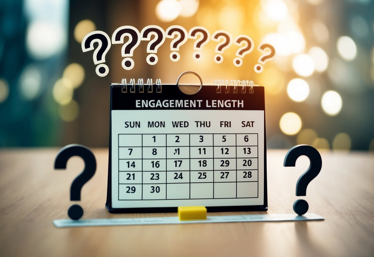 A calendar with 10 months highlighted, surrounded by question marks and a scale indicating "engagement length" from short to long