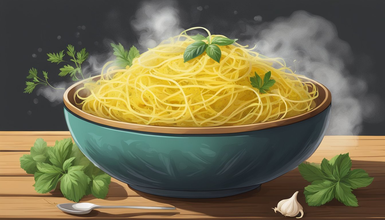 A steaming bowl of reheated spaghetti squash, adorned with garlic and herbs, sits on a rustic wooden table, emanating a tantalizing aroma