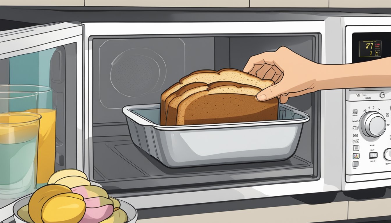 A person placing a slice of banana bread onto a microwave-safe plate and covering it with a microwave-safe cover before reheating it in the microwave