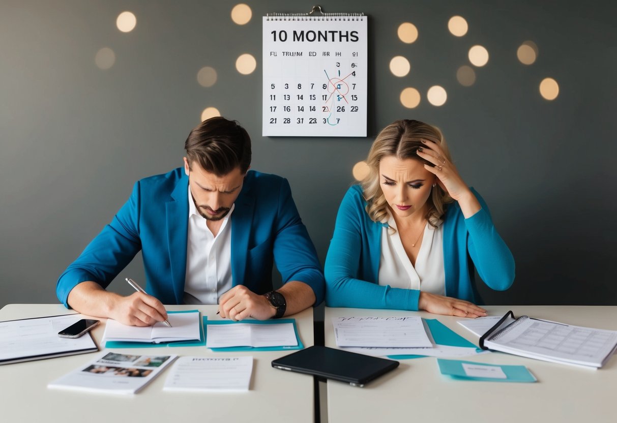 A couple sits at a table, surrounded by wedding planning materials. A calendar on the wall shows 10 months crossed off. The couple looks stressed and overwhelmed