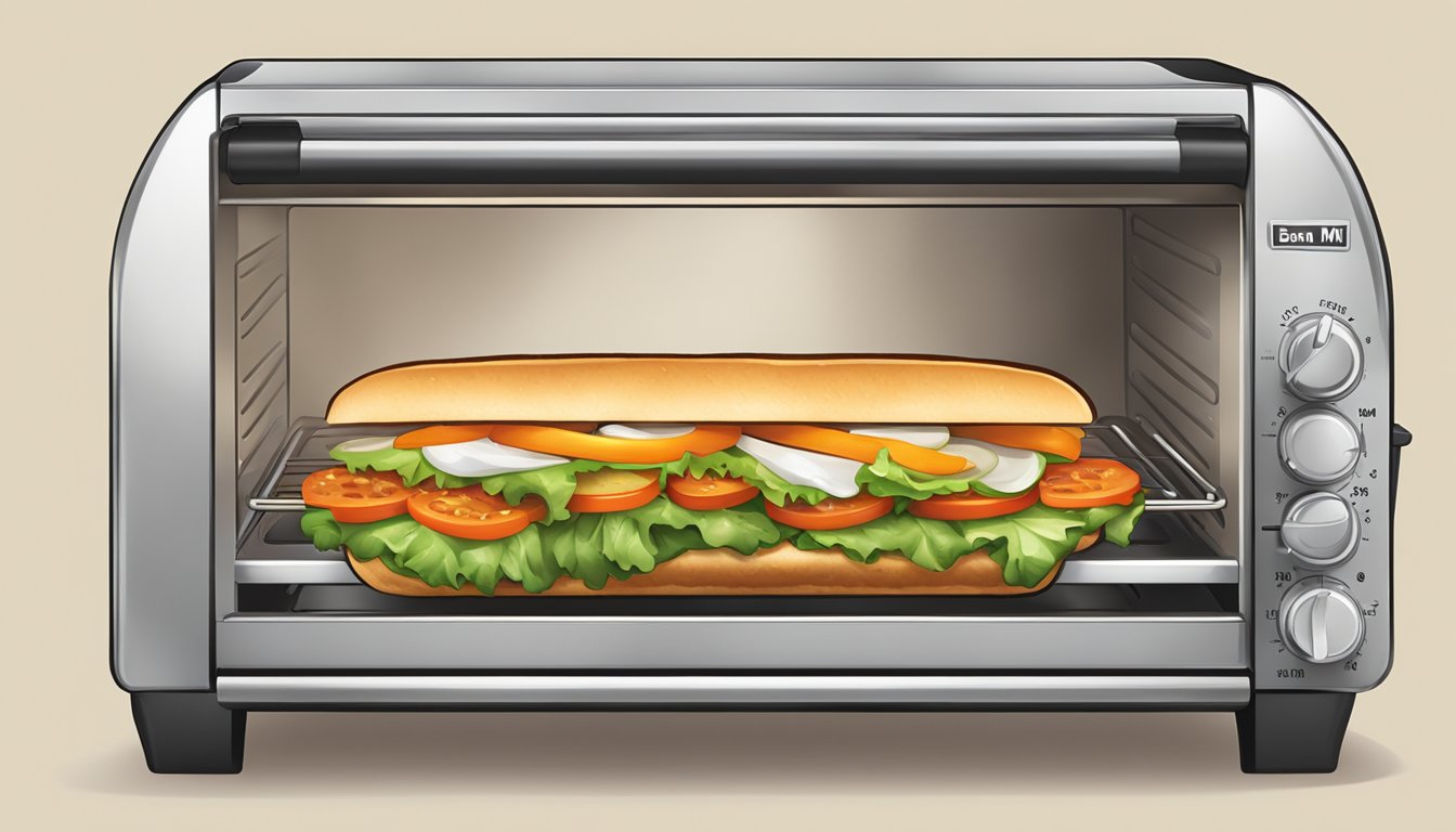 A Banh Mi sandwich being heated in a toaster oven