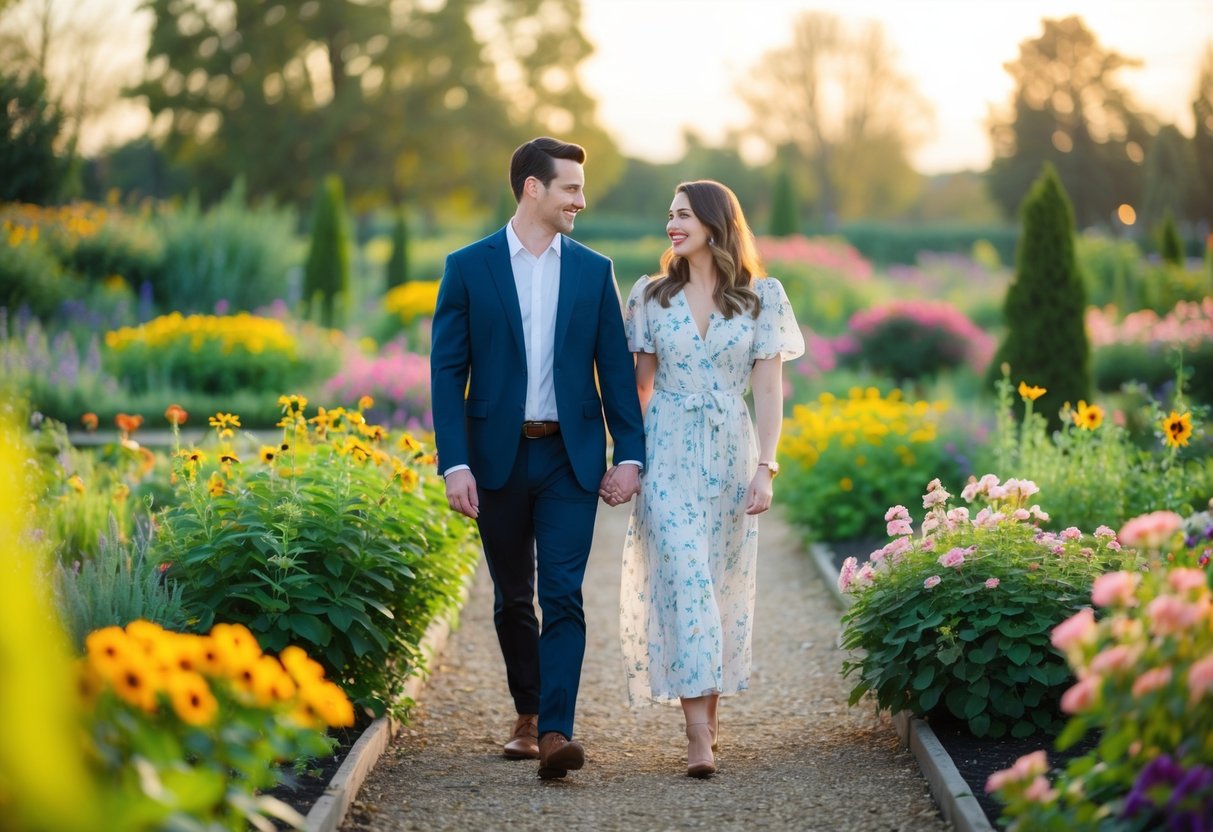 A couple strolling through a blooming garden, surrounded by vibrant flowers and a soft, golden sunset casting a warm glow over the scene