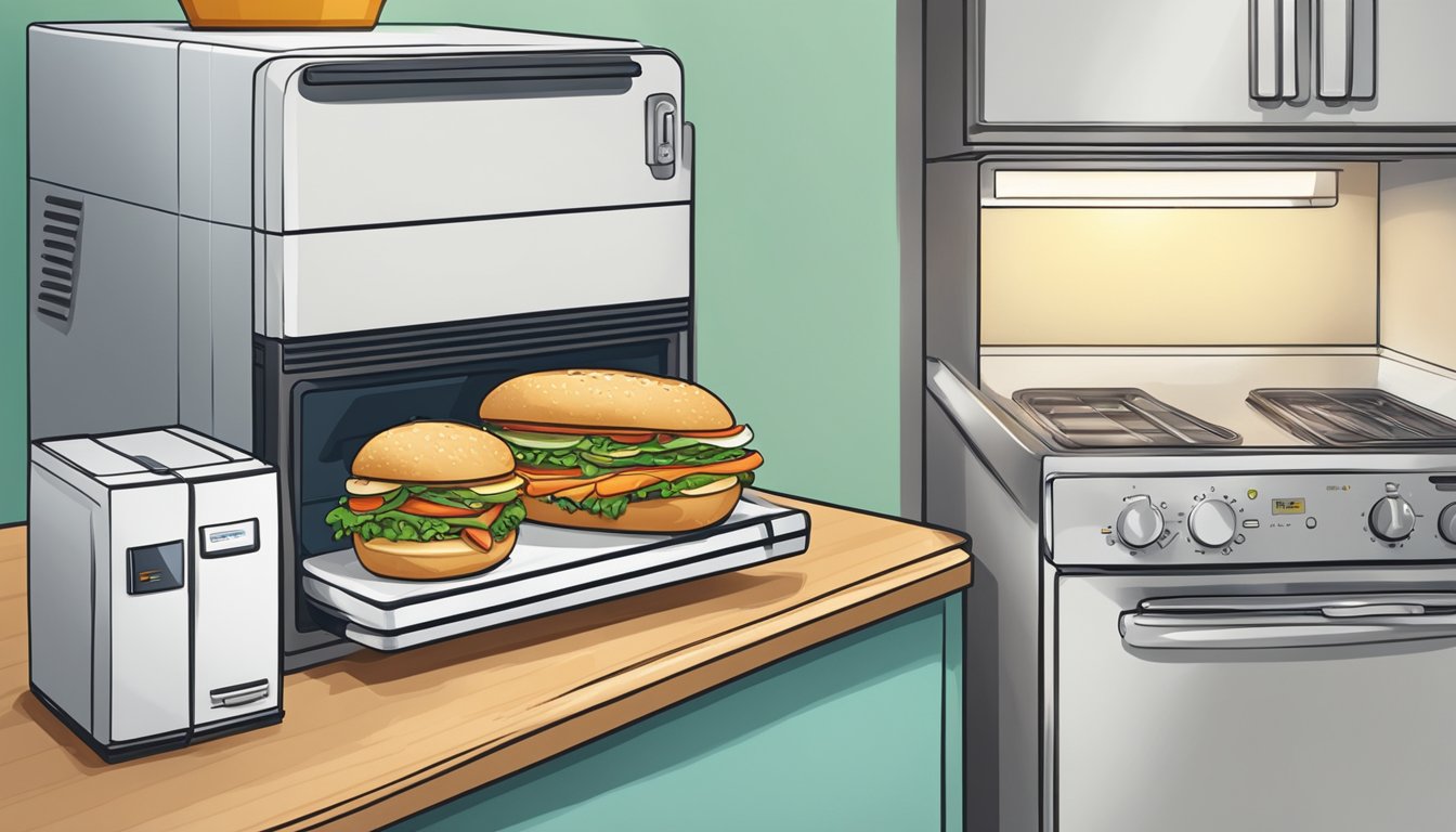 A neatly organized refrigerator shelf with a wrapped banh mi sandwich next to a microwave for reheating